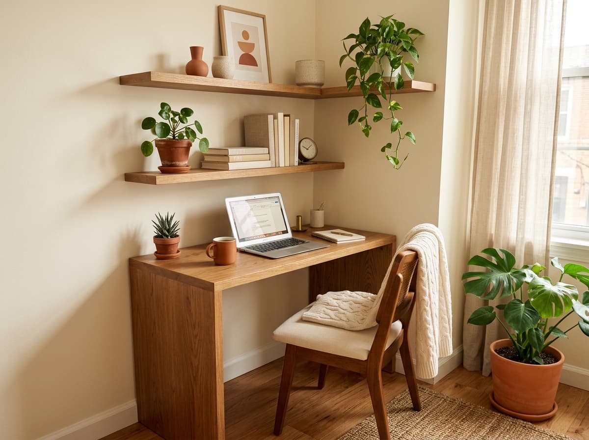 A clean, minimal home office setup in a small apartment